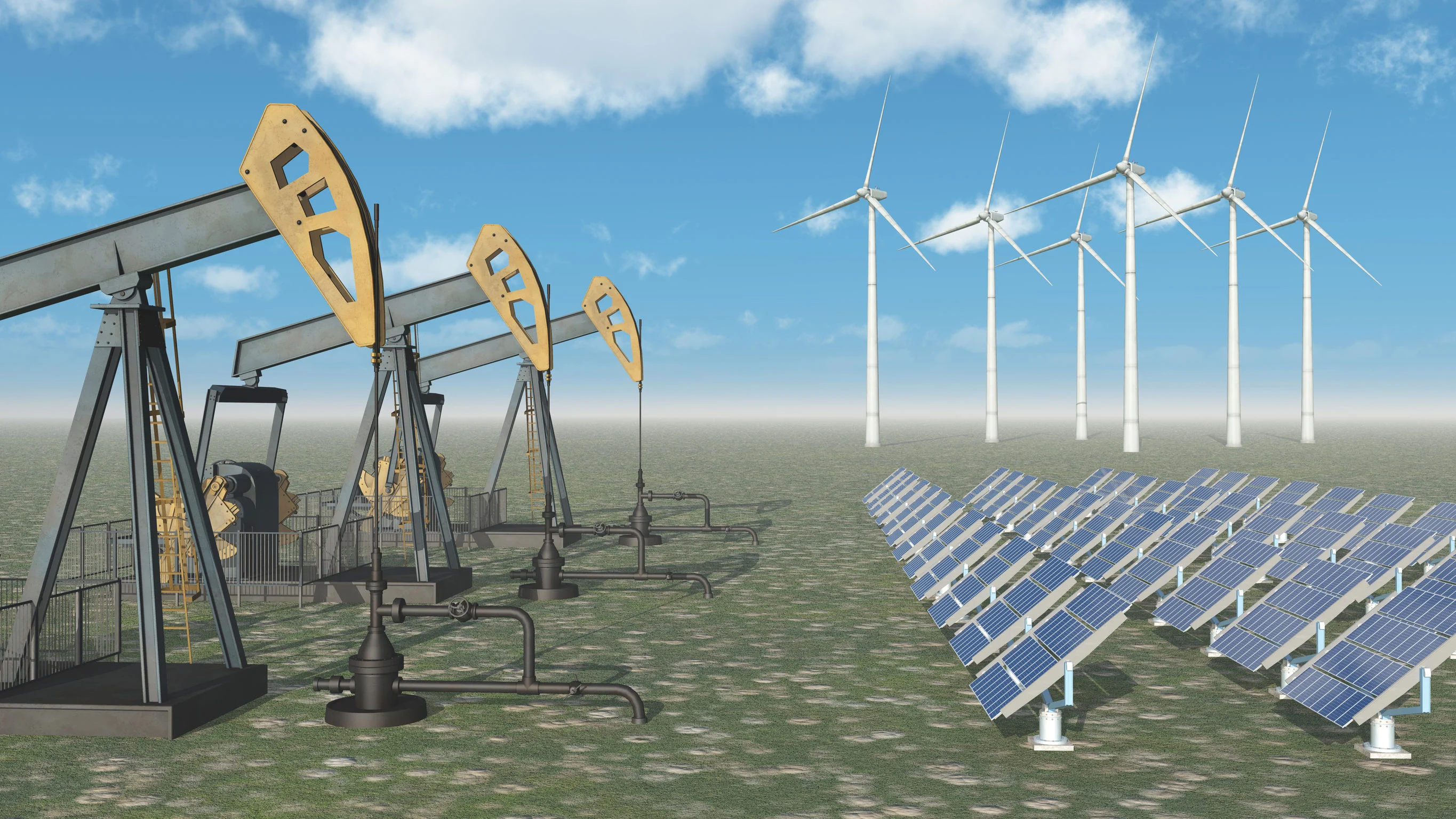 64602062 - oil industry versus renewable energy Oil pumps, wind turbines, and solar panels representing mixed energy sources