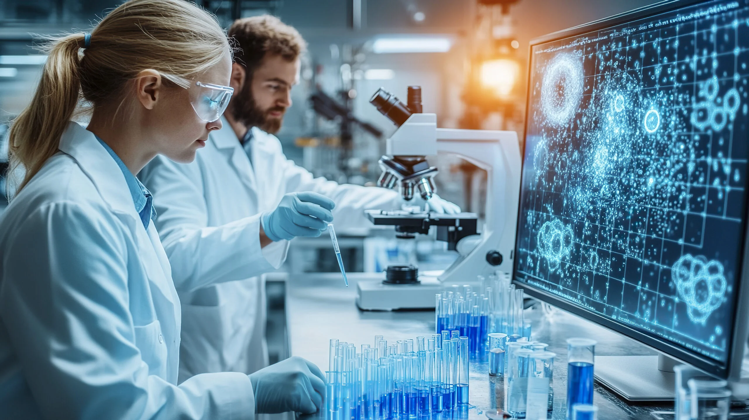 research-innovation-items-world-science-day-celebration Laboratory researchers reviewing digital data