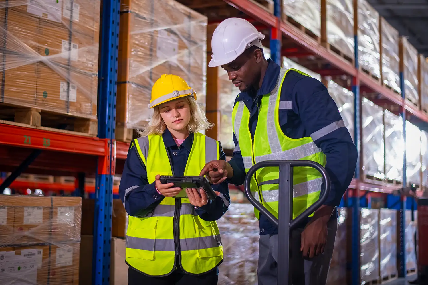 Incito Blog Smart Warehousing Feb29 1500p img3 Two smart warehouse employees looking over a tablet during a digital transformation
